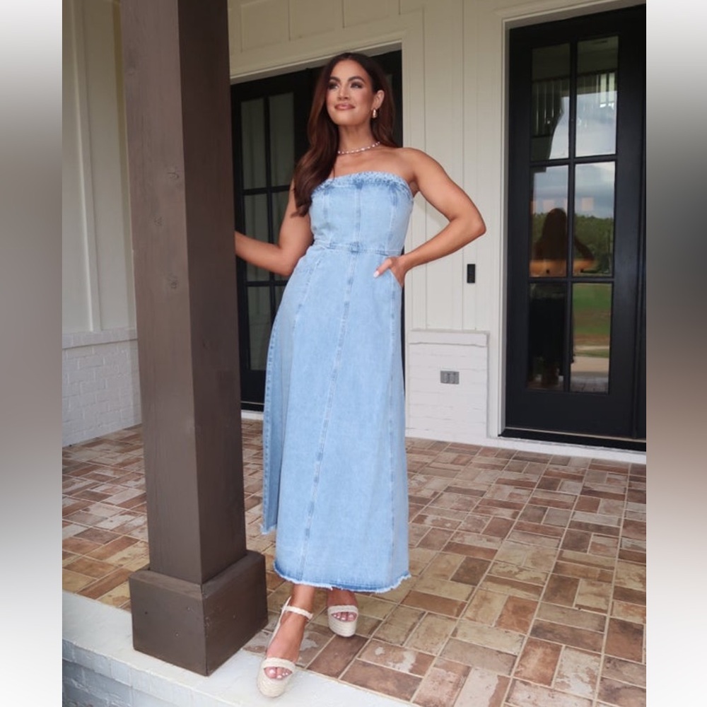 These Three Boutique Strapless Denim Maxi Dress